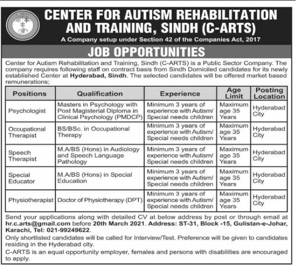 Jobs In Center For Autism Rehabilitation &  Training Sindh