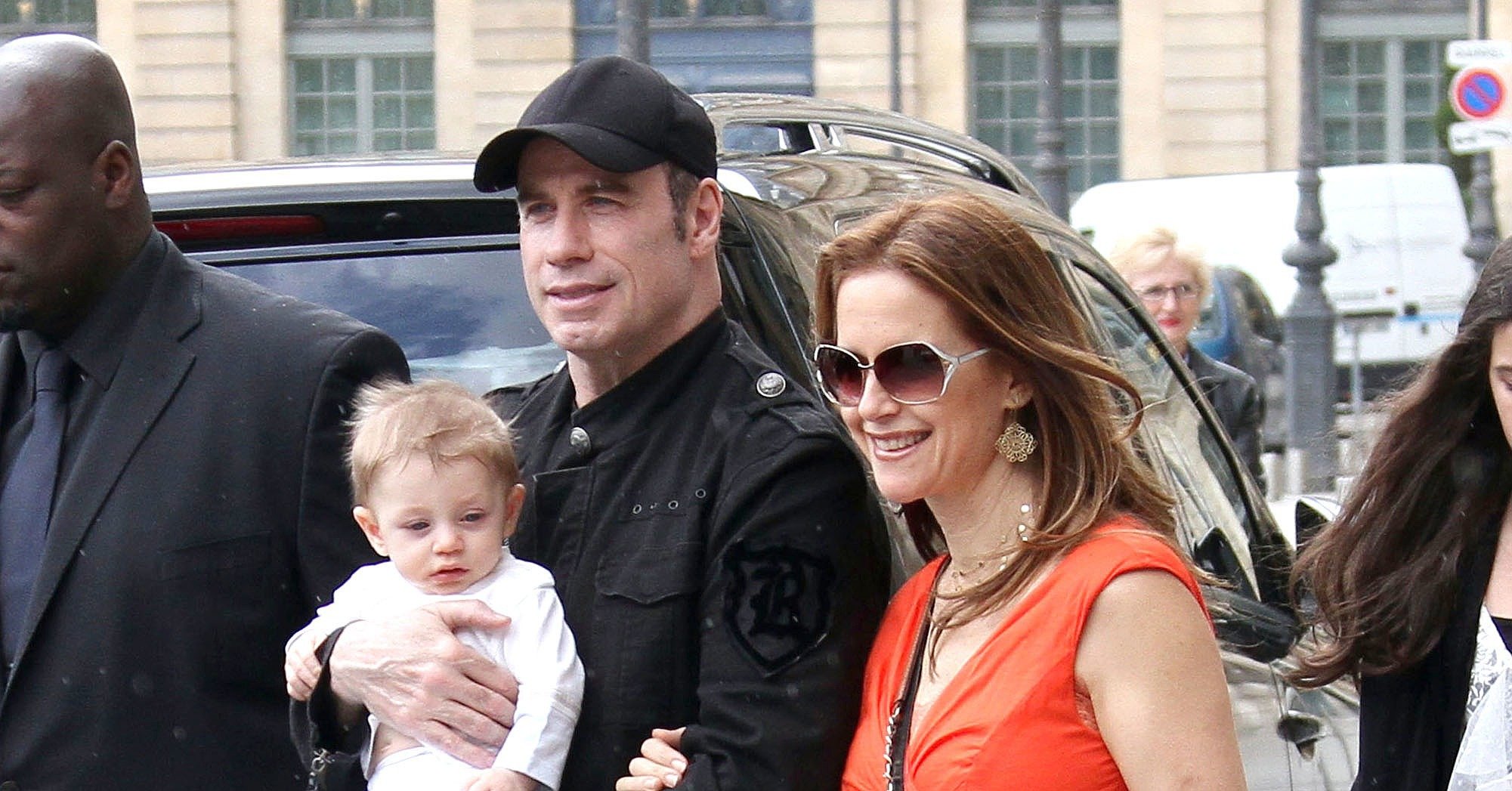 John Travolta walks with son Benjamin Travolta.